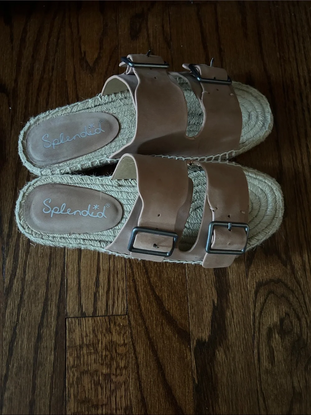 Splendid Leather Double-Buckle Espadrille Slide Sandals in Tan